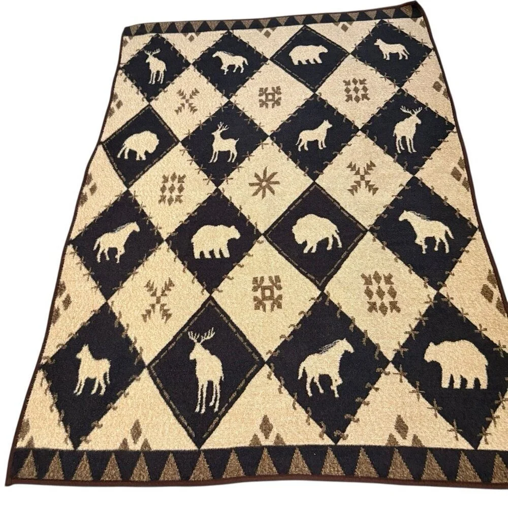 Vintage San Marcos Reversible Animal Throw Blanket Browns 56X80 Moose Bear Horse